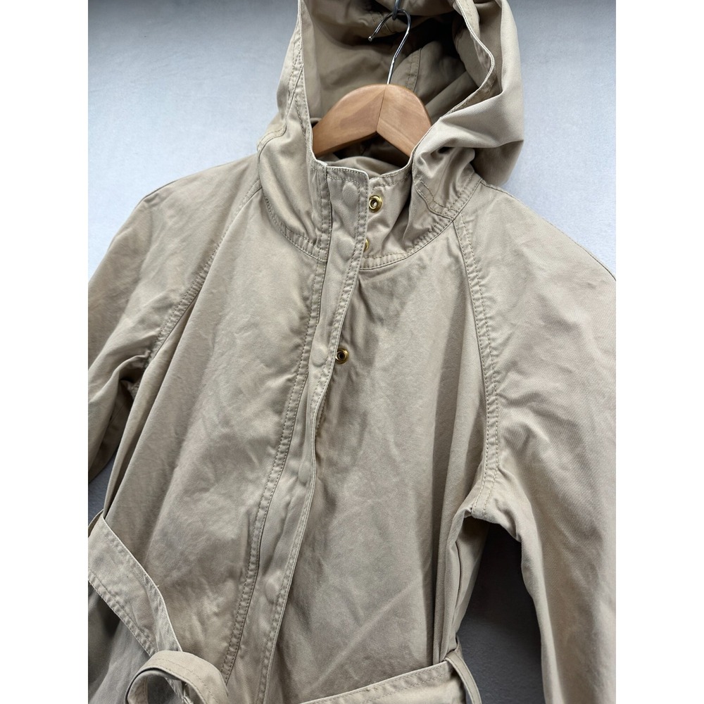 J. Crew Trench Coat Beige Women's 8 Cotton Long Sleeve Full Zip Hooded - Picture 3 of 10